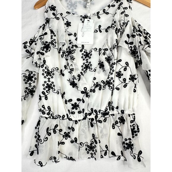 New‎ Joie Carlyton Eyelet Floral Cold Shoulder Ruffle Blouse Size XS White/Black - Picture 5 of 8